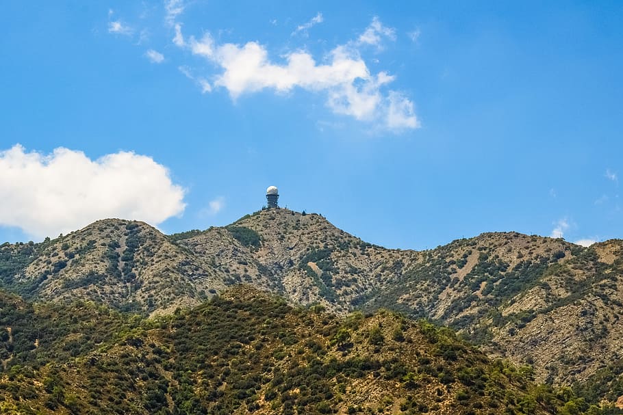 mountain, peak, sky, clouds, radar, tower, landscape, nature HD wallpaper