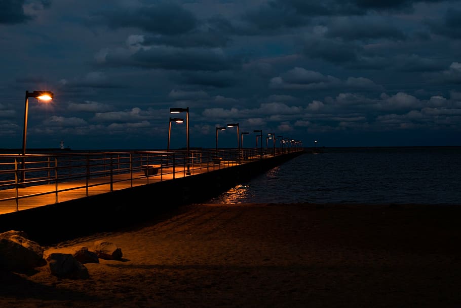 pier, ocean, sunset, landscape, sea, coast, dusk, twilight HD wallpaper