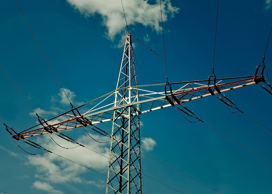 gray metal electric post, current, strommast, power line, electricity HD wallpaper