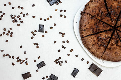 Chocolate, cake and coffee, beans, brown, chocolate cake, coffee beans HD wallpaper