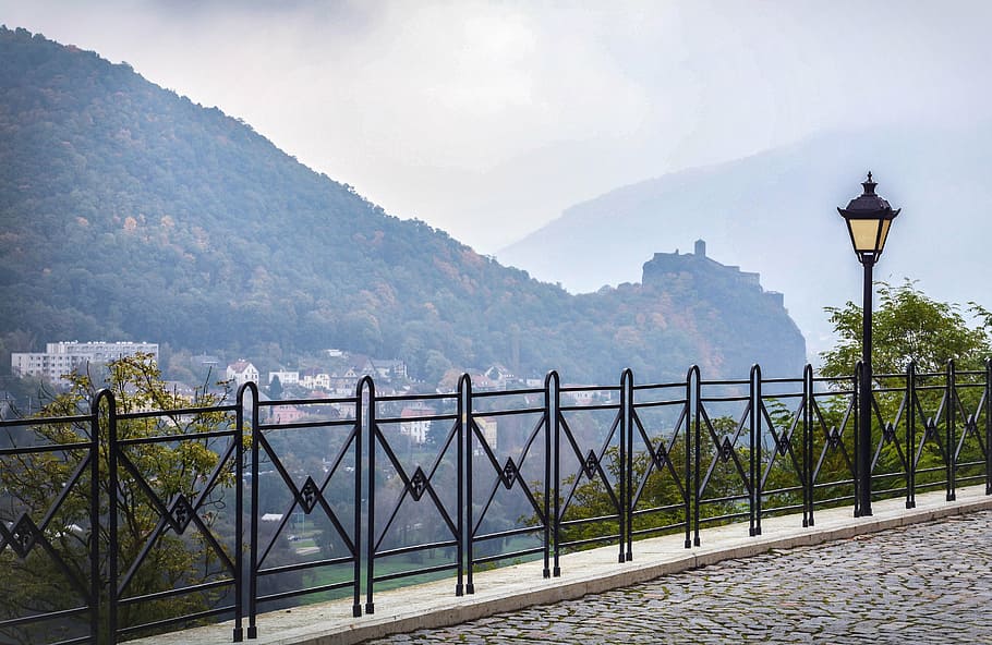 bridge, view, czech republic, mountain, nature, outdoors, street light HD wallpaper