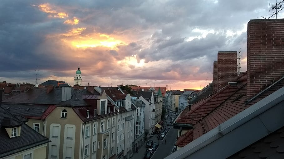 munich, roofs, panoramic view over munich, clouds, sunset, architecture HD wallpaper