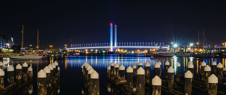 harbor, bridge, night, scene, reflection, illumination, architecture HD wallpaper