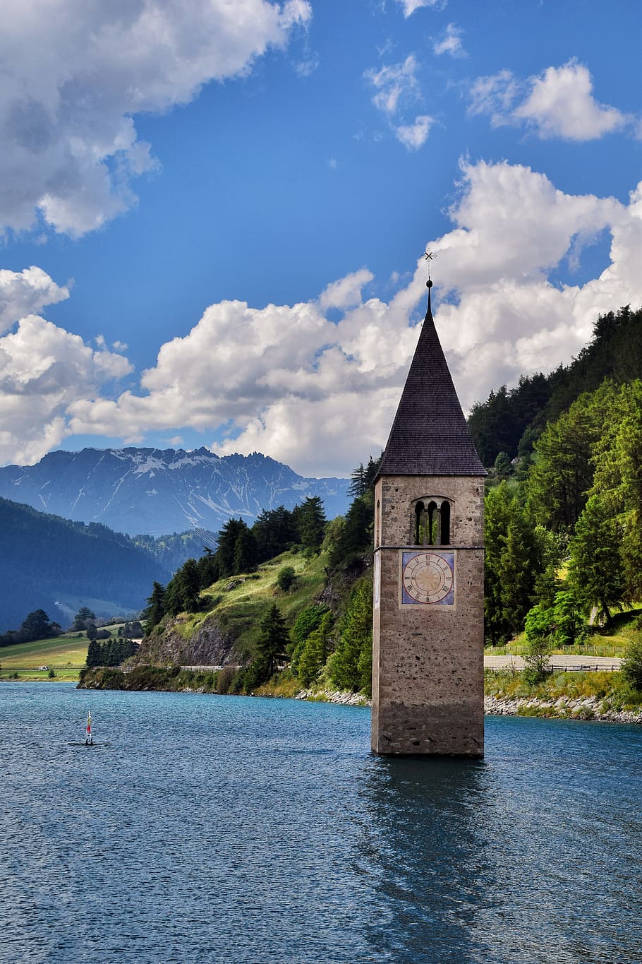 gray concrete tower on body of water, altoadige, mountain, lake, HD wallpaper