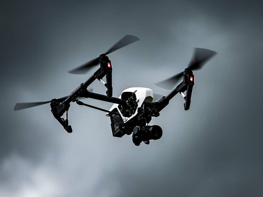 turned on white and black drone, multicopter, quadrocopter HD wallpaper