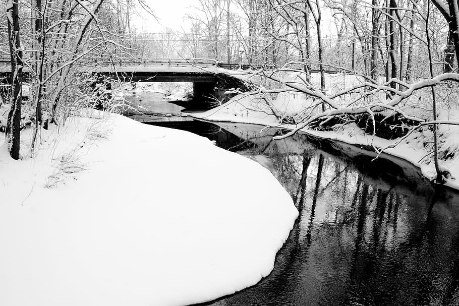 Bridge, River, Winter, Snow, landscape, cold, black, monochrome HD wallpaper