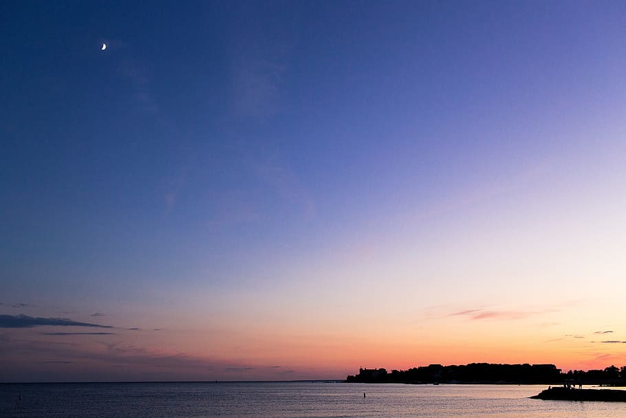 sunset, dusk, sky, moon, silhouette, lake, water, landscape HD wallpaper
