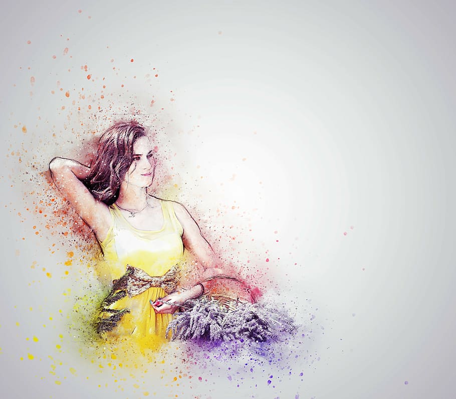 woman in yellow sleeveless dress painting, girl, flowers, lavender