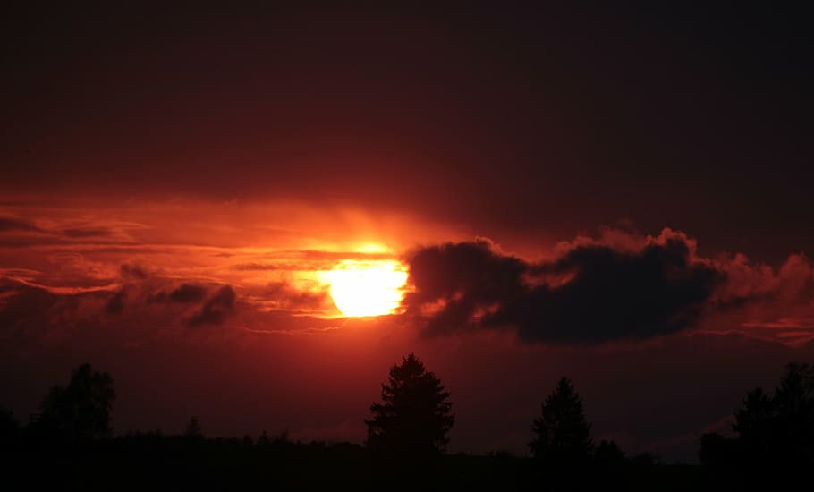 sunset, abendstimmung, setting sun, afterglow, clouds, landscape HD wallpaper