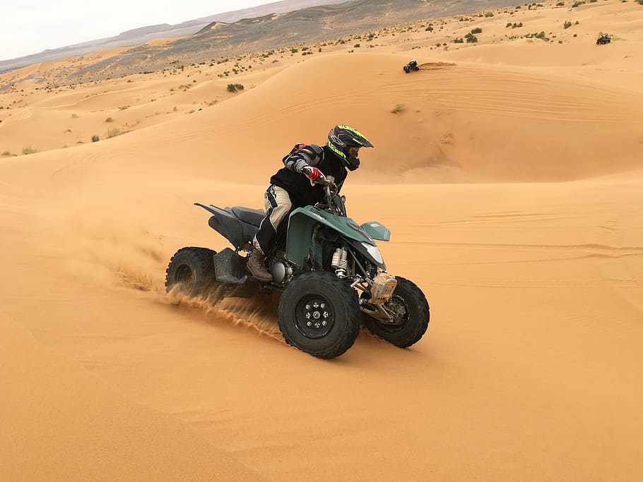 person riding on ATV surrounded by sands, quad, desert, 4x4, travel, HD wallpaper