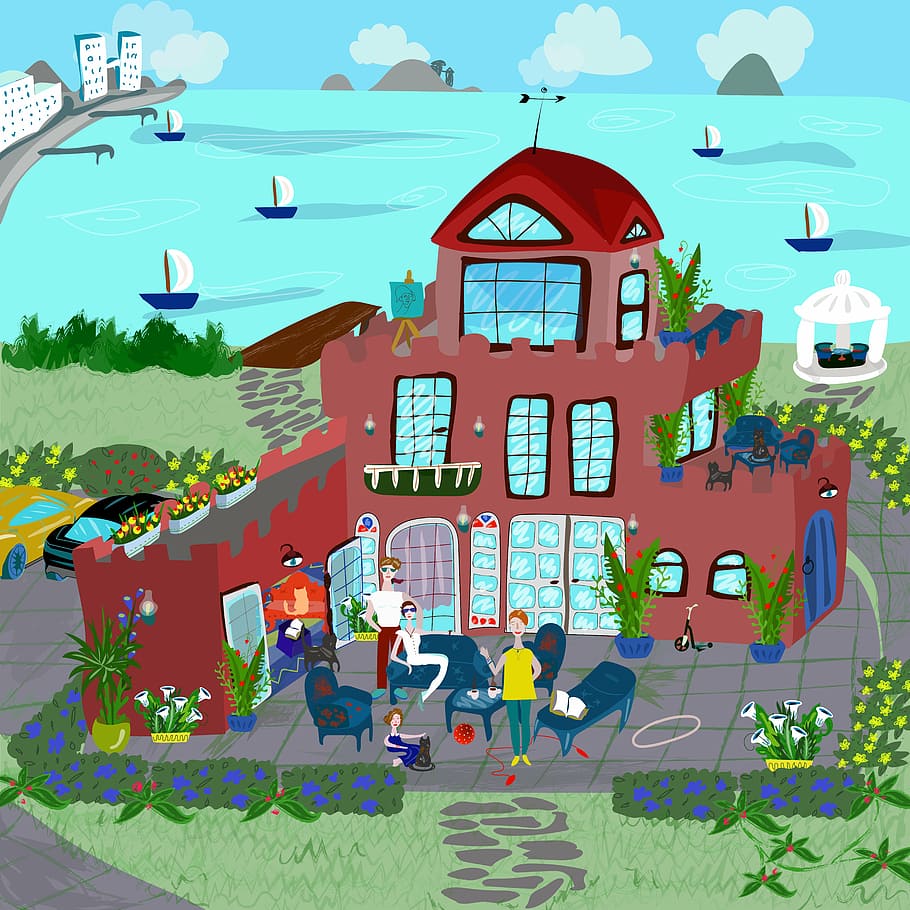 people in front on house near body of water illustration, family HD wallpaper