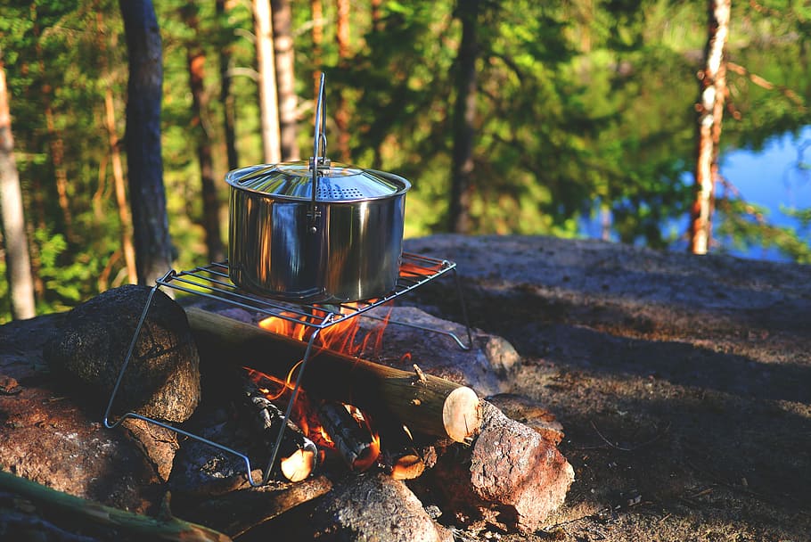 stock pot in the fire, campfire, outdoor, fireplace, wilderness