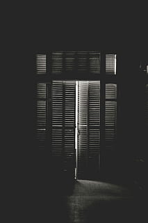 grayscale of cabinet, opened louver doors, window, shutter, lights HD wallpaper