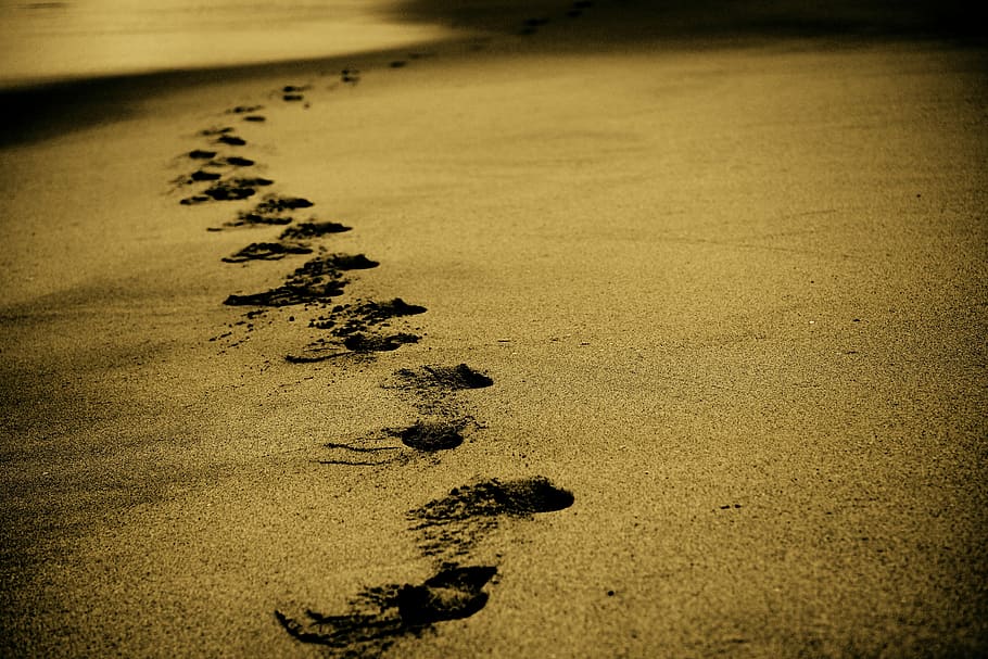 grayscale photo of seashore, sand, footsteps, footprints, beach HD wallpaper