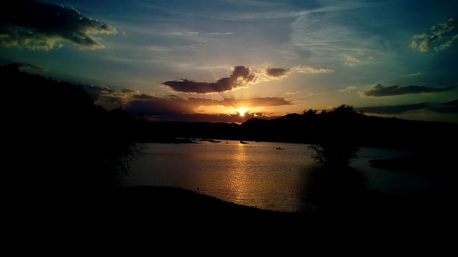 sunset, reservoir, reflection, afternoon, nature, landscape HD wallpaper