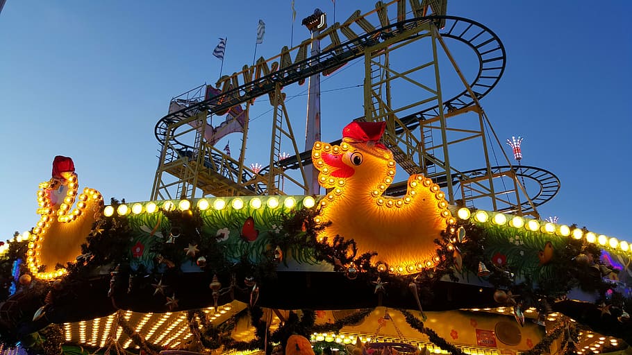 funfair, roller coaster, carousel, duck, light, twilight, festive HD wallpaper