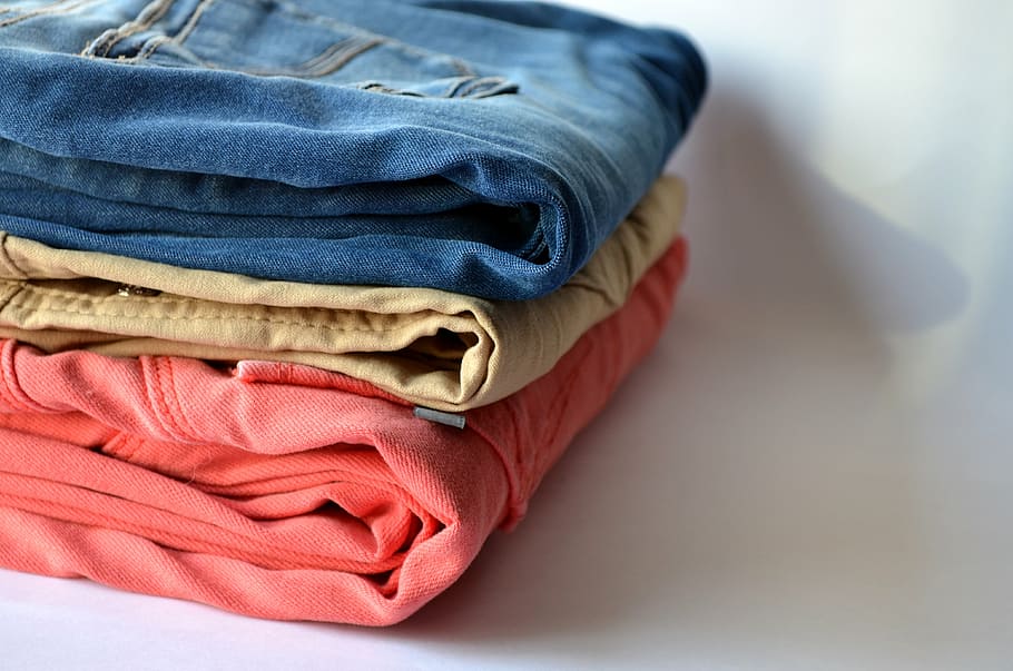 three pairs of folded bottoms, pants, laundry, clothing, clothes, HD wallpaper