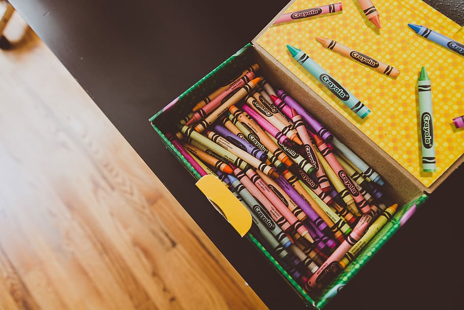 assorted crayons in box on wooden table, Crayola crayons in box HD wallpaper