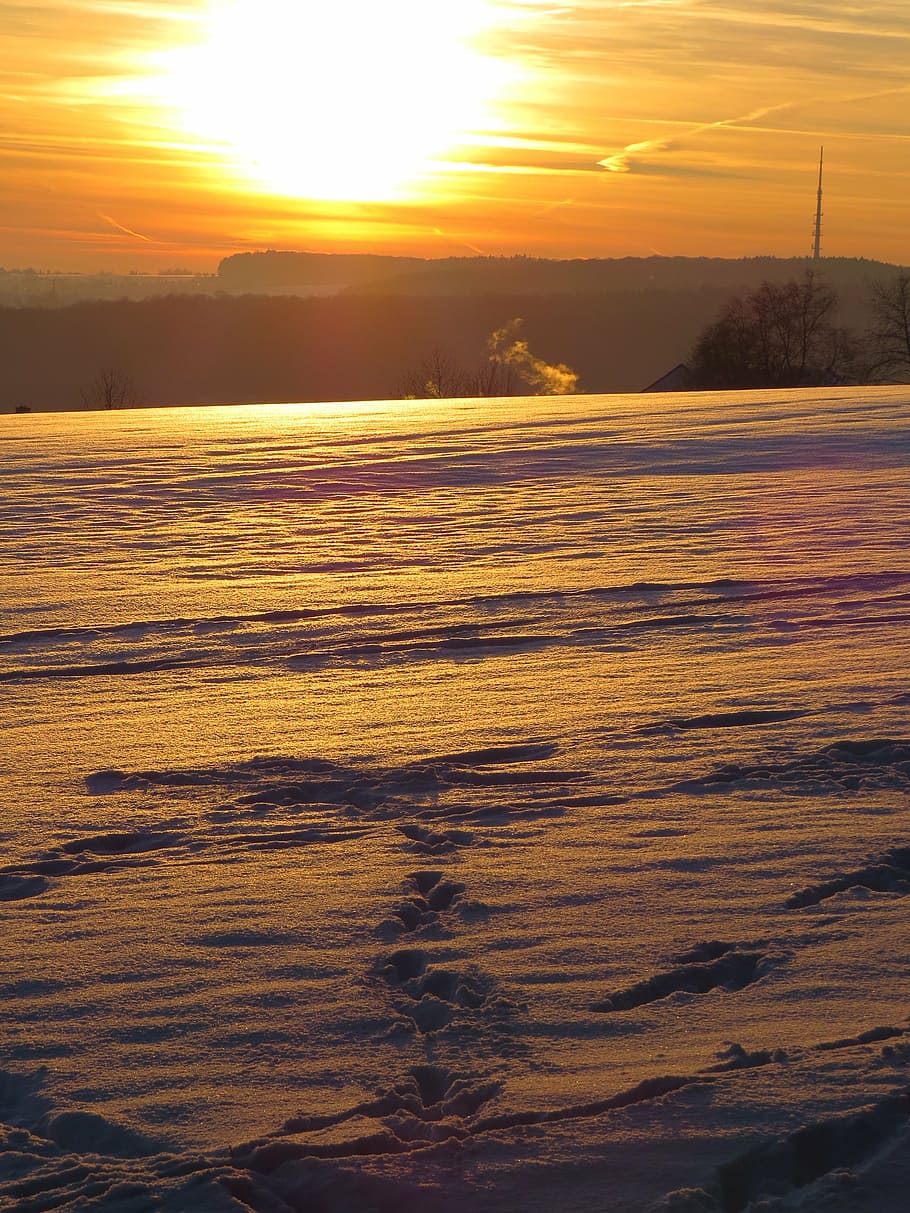 sunset, snow, sparkle, cold, snow landscape, golden, sky, beauty in nature HD wallpaper