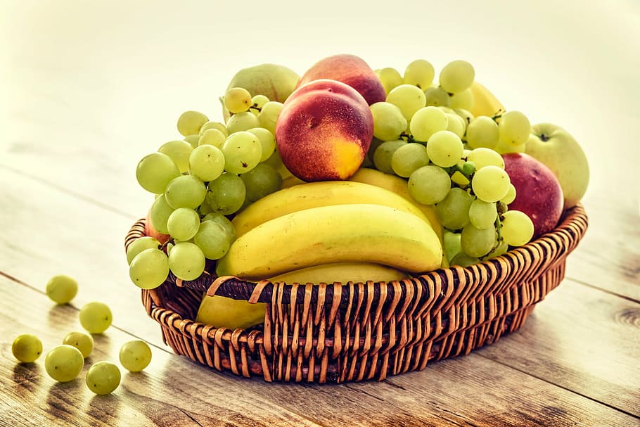 bananas, grapes and apples on basket, varieties, fruits, brown HD wallpaper