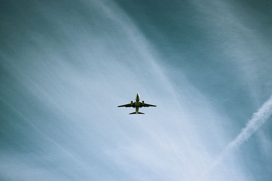 white airplane flying under blue sky, low angle of plane with clouds HD wallpaper