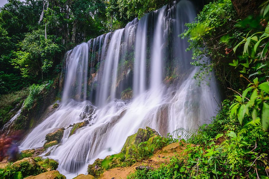 waterfalls beside green leafed trees, waters, nature, cascade HD wallpaper