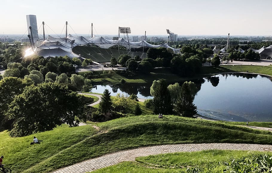 munich, olympic park, olympic stadium, lake, olympia mountain, HD wallpaper