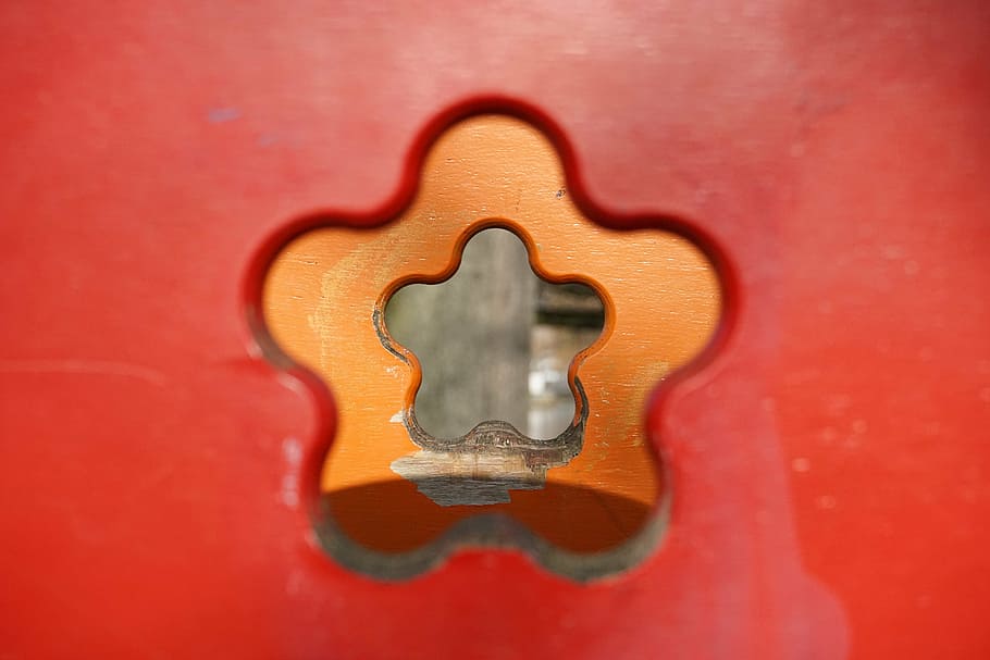 by looking, see through, hole, wall, red, orange, close-up HD wallpaper