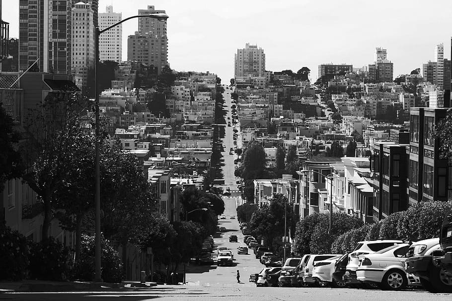 grayscale photography of city, street, road, urban, hill, cars, HD wallpaper