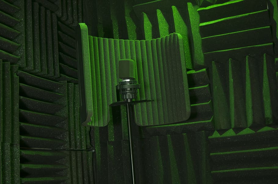 microphone, music equipment, recording booth, studio, lighting