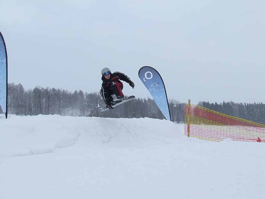 snowboard, child, jump, winter, cold temperature, winter sport HD wallpaper