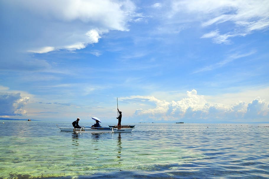 three people riding on a boat, philippines, sea, ship, water HD wallpaper