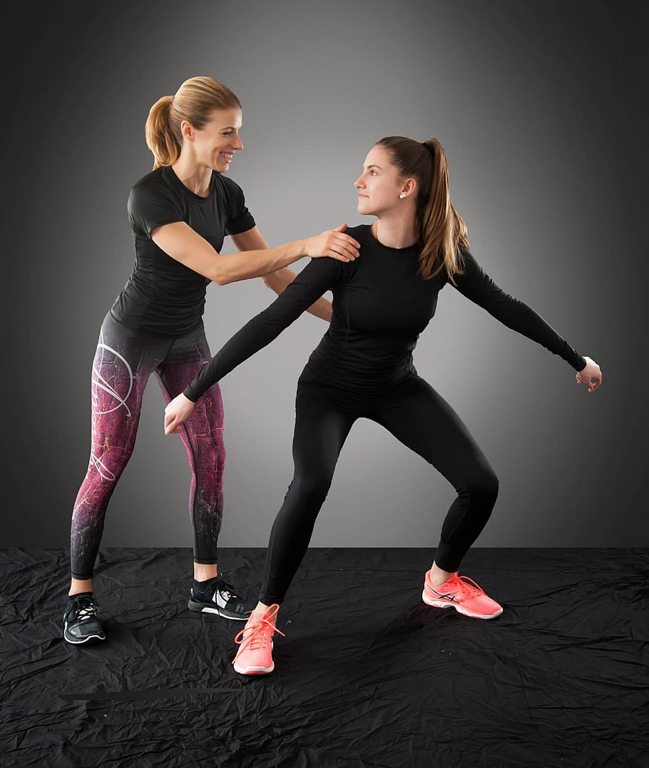 two women wearing tights doing exercise, kettlebell, fitness, HD wallpaper