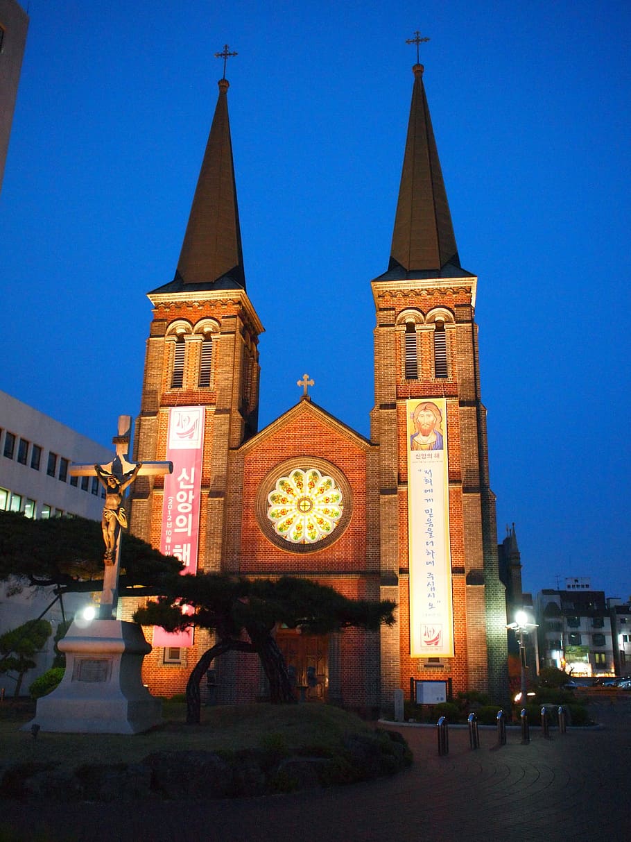 Church, Daegu, Korea, Night, Dome, cathedral, religion, clock tower, HD wallpaper