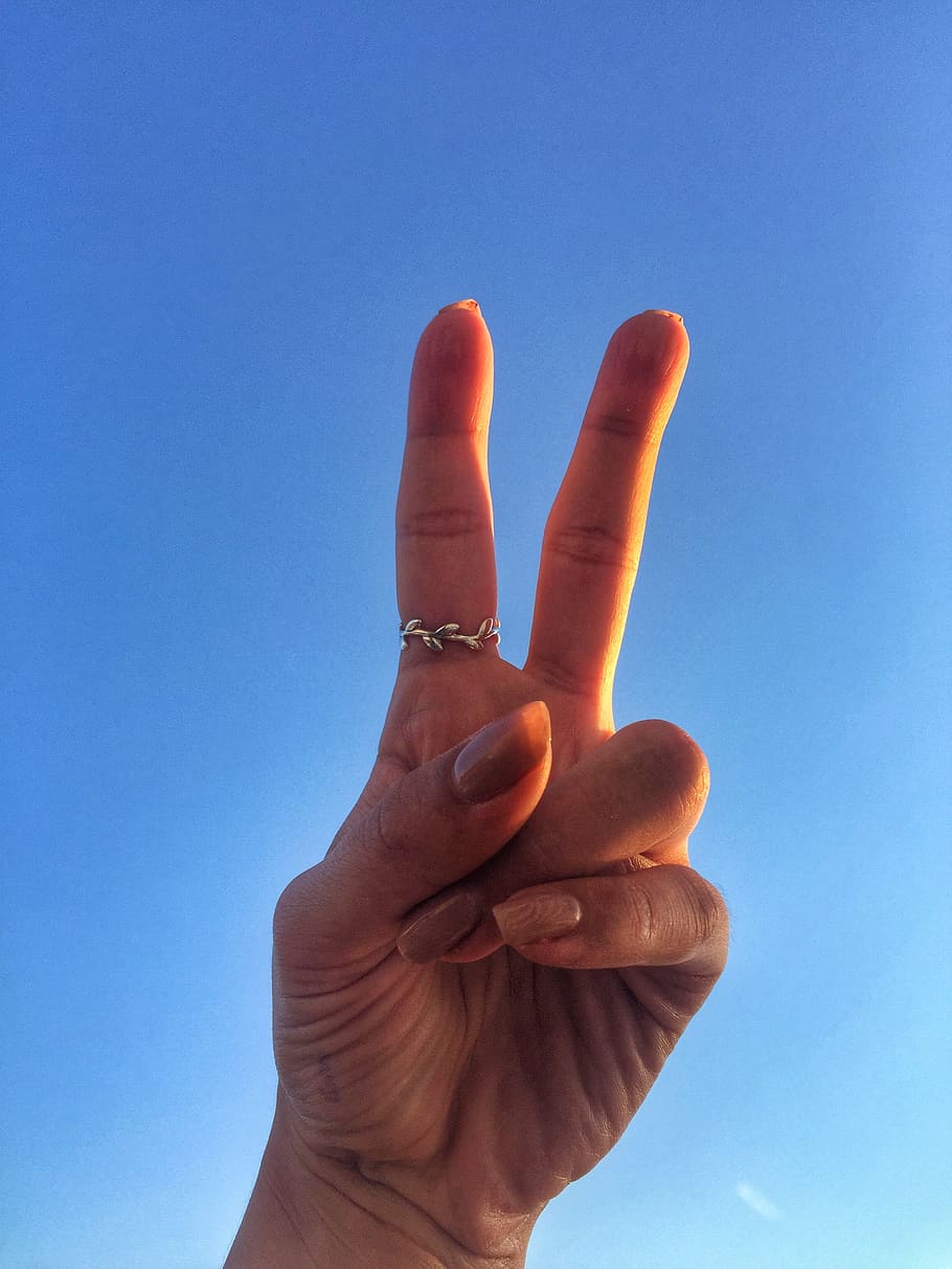Hand, Female, Gesture, Peace, Ring, blue, sky, human Hand, human Finger