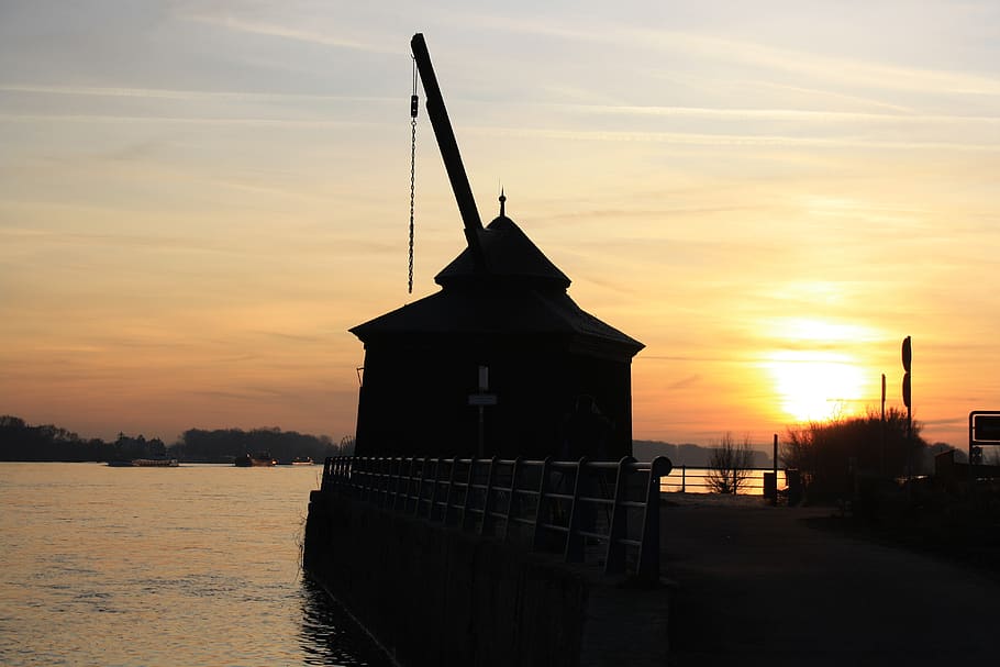 sunset, rhine, dusk, sky, built structure, water, architecture HD wallpaper