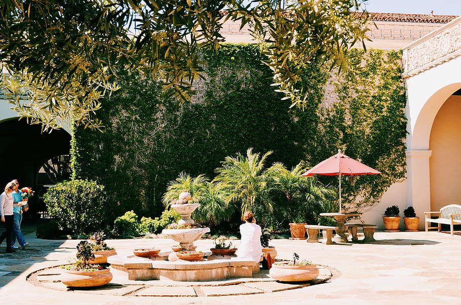 Lost in Pasadena, white patio umbrella on table, tree, garden HD wallpaper
