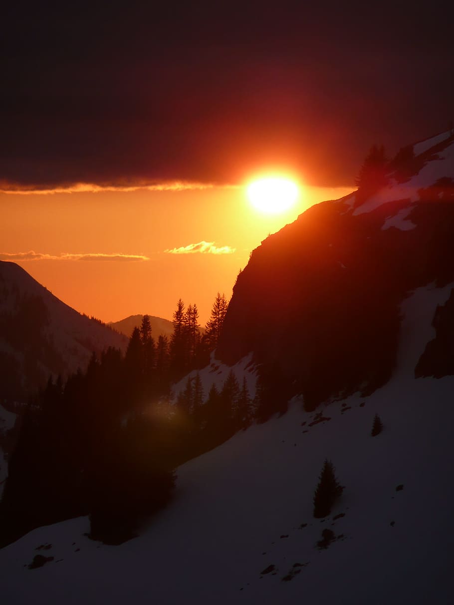 sunset, mountains, snow, winter, mood, evening, spitzingsee HD wallpaper