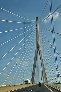 bridge, cable-stayed bridge, line, highway, river, seine, pont de normandie HD wallpaper