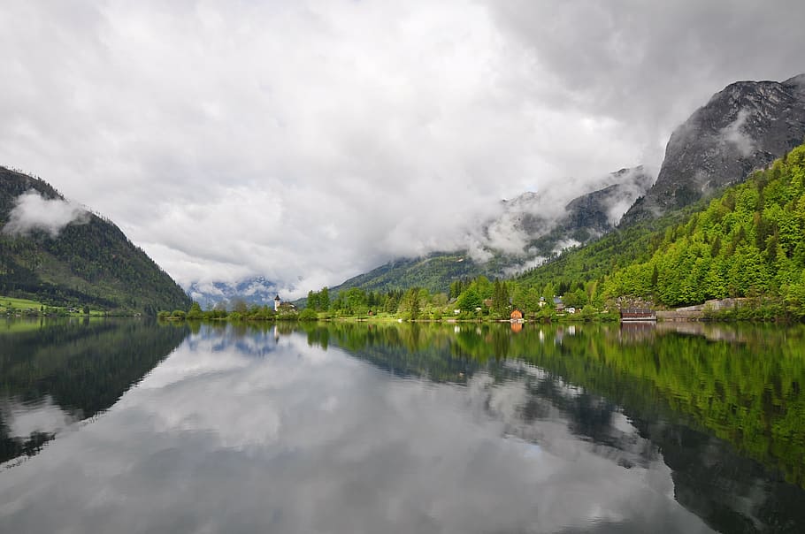 lake, clouds, reflection, water, sun, surface, grundlsee, mountain HD wallpaper