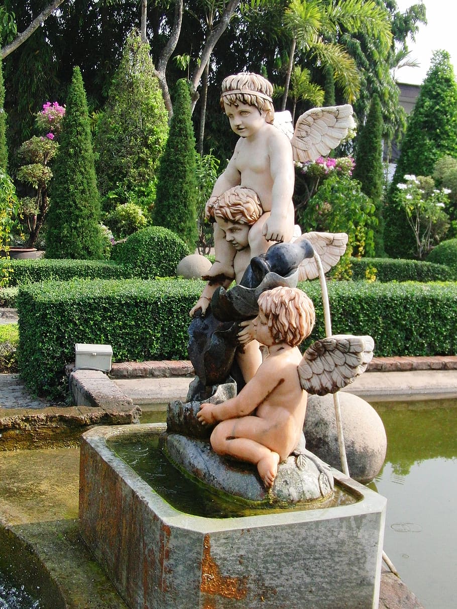 angels, park sculpture, decor, clearance, garden, statue, fountain, HD wallpaper