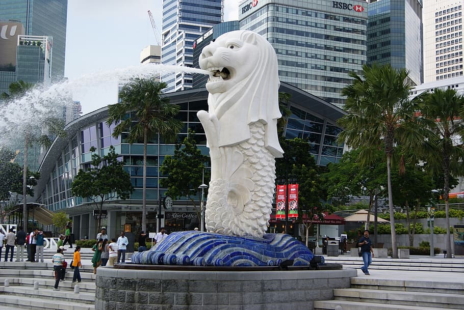 merlion statue, singapore, architecture, symbol, fountain, lion head, HD wallpaper