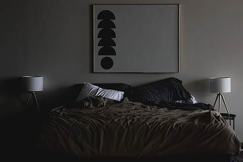 photo of brown bed linen, pillows on empty bed, bedding, lamp HD wallpaper