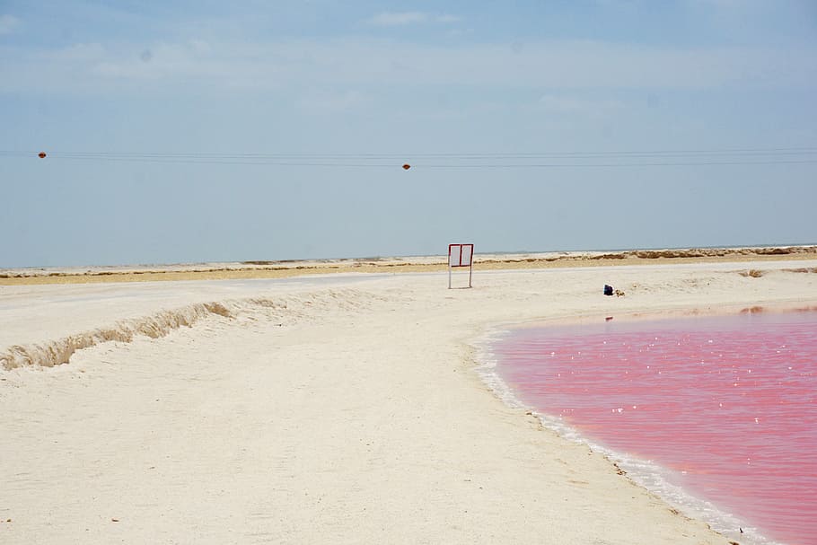 empty sea shore, pink body of water, sky, sand, blue, salt, lake HD wallpaper