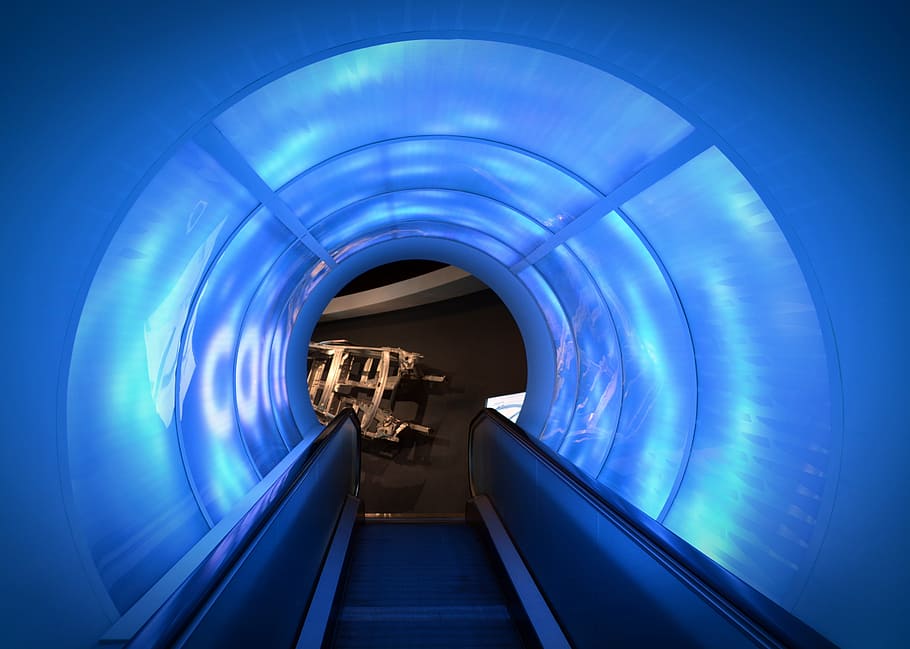 escalator, light, light tunnel, blue, futuristic, architecture HD wallpaper