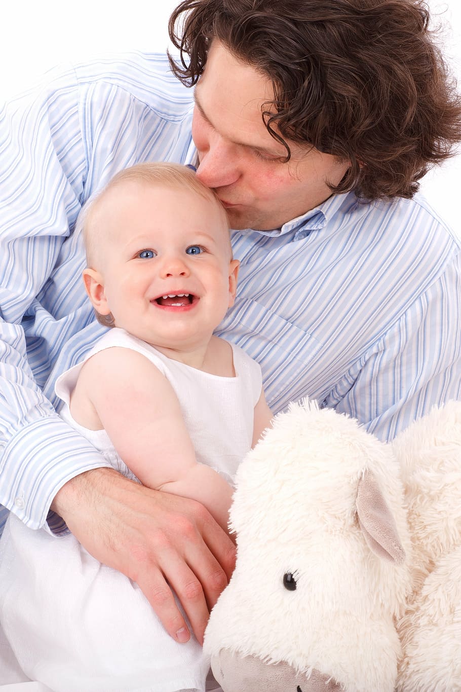 baby's white tank top, child, face, family, father, happiness, HD wallpaper