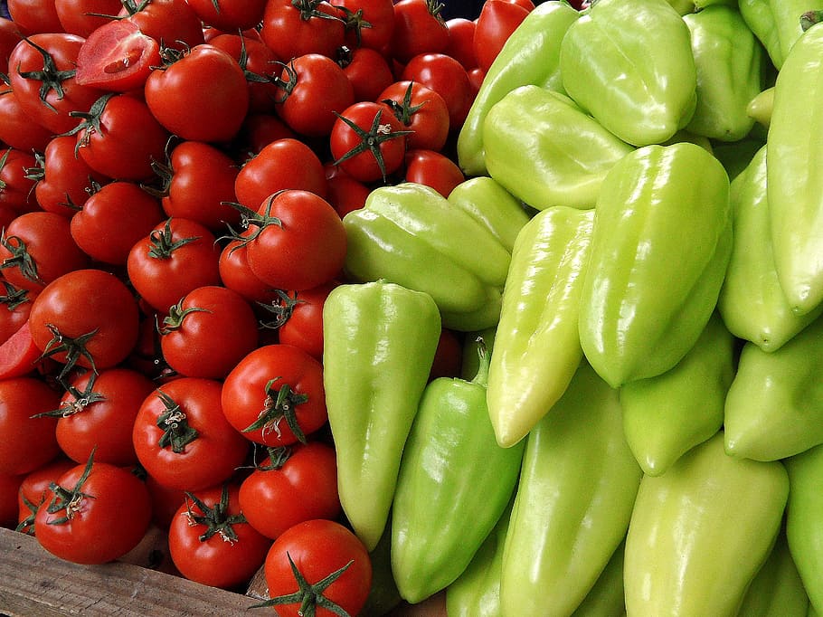 bunch of bell pepper and tomatoes, peppers, vegetables, food, HD wallpaper