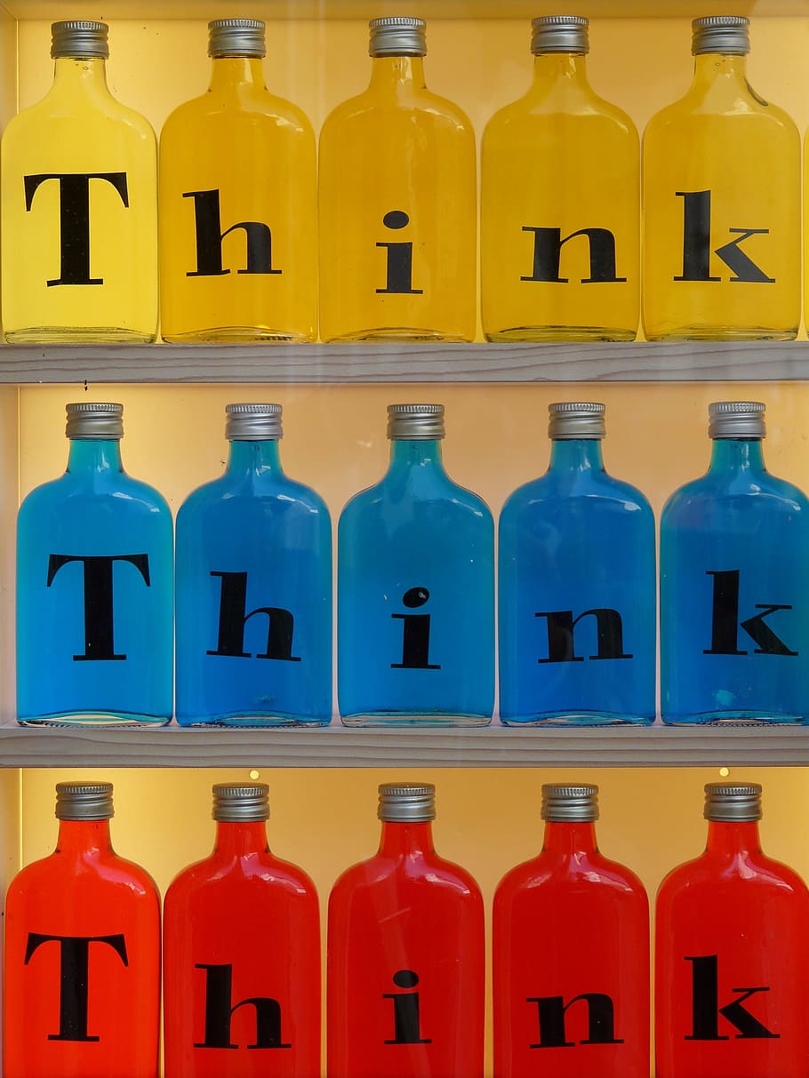 bottles, imprint, glass, think, yellow, blue, red, colorful HD wallpaper