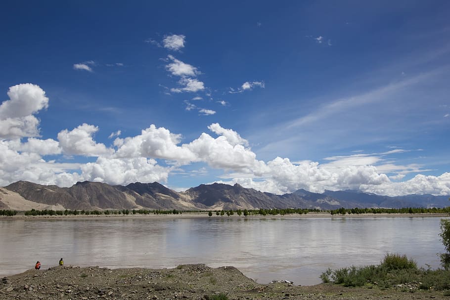 mountains, landscape, sky, river, water, blue sky, clouds, mountain range HD wallpaper