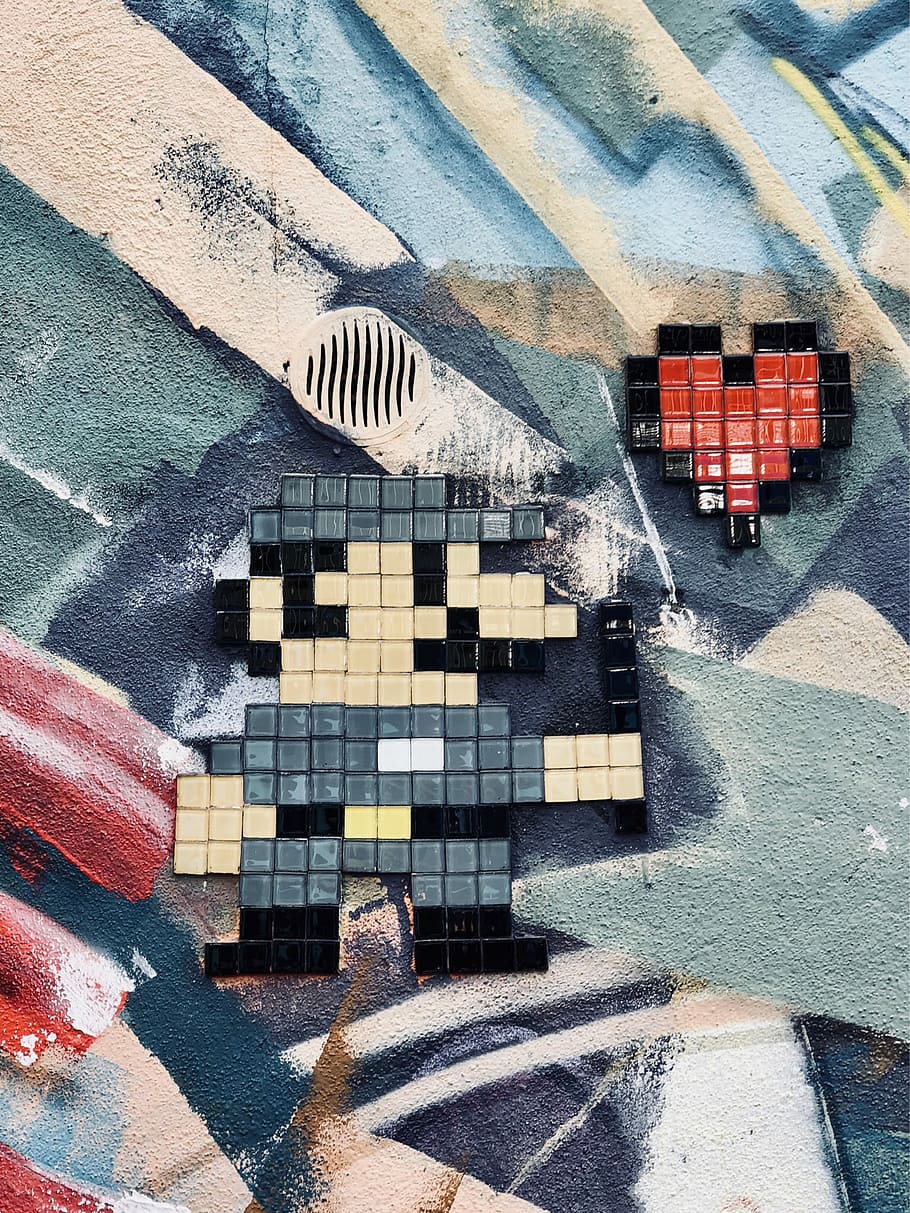 Luigi block toy, Mario 8-bit decor, wall art, mosaic, heart, love, HD wallpaper